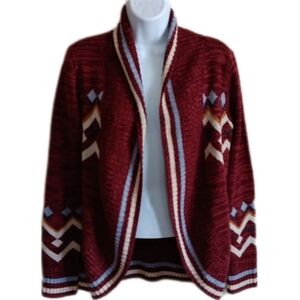 Burgundy Aztec Open Front Cardigan Sweater Women's Small